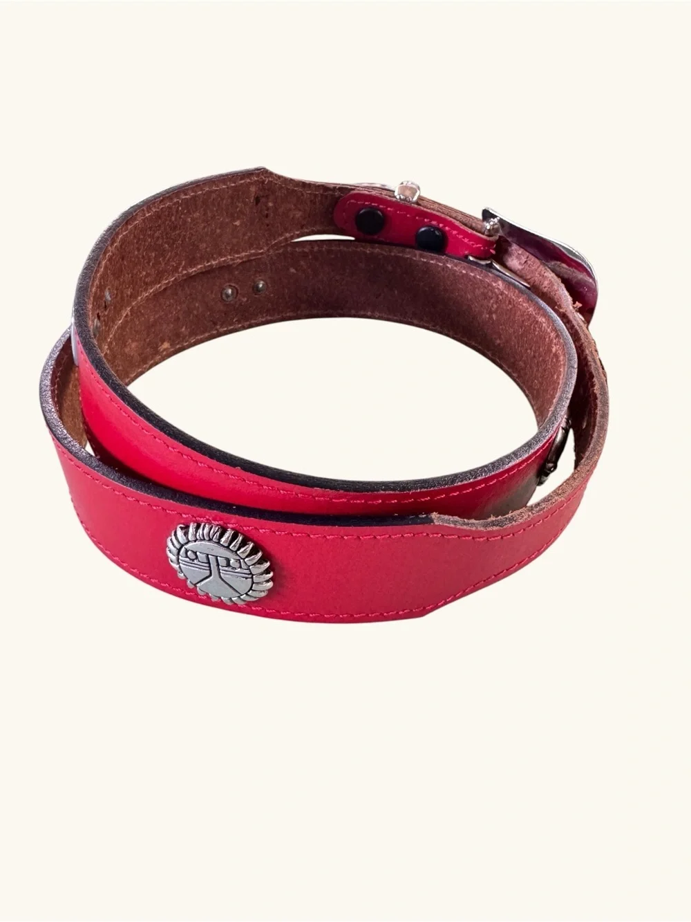 VTG Red Leather Western Belt Thunderbird Turtle Conchos Silver Tone Buckle M36